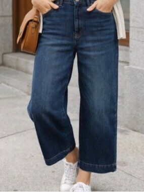 Talbots Flawless Dark Indigo High-Waist Wide Leg Crop Jeans, 12